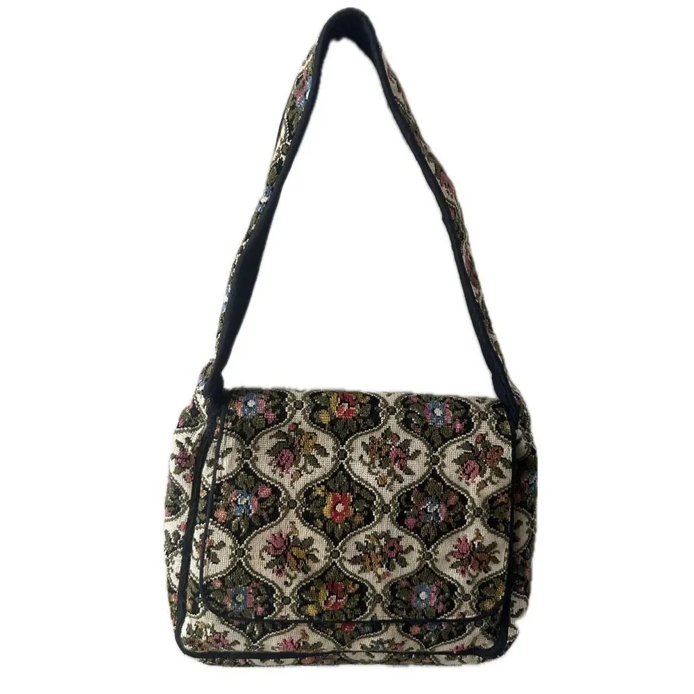 Vintage Floral Needlepoint Embroidered Suede Leather Lining Messenger Bag